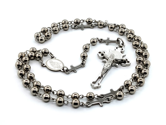 Miraculous medal and Saint Benedict unique rosary beads with stainless steel  beads and stainless steel linking cross medals.