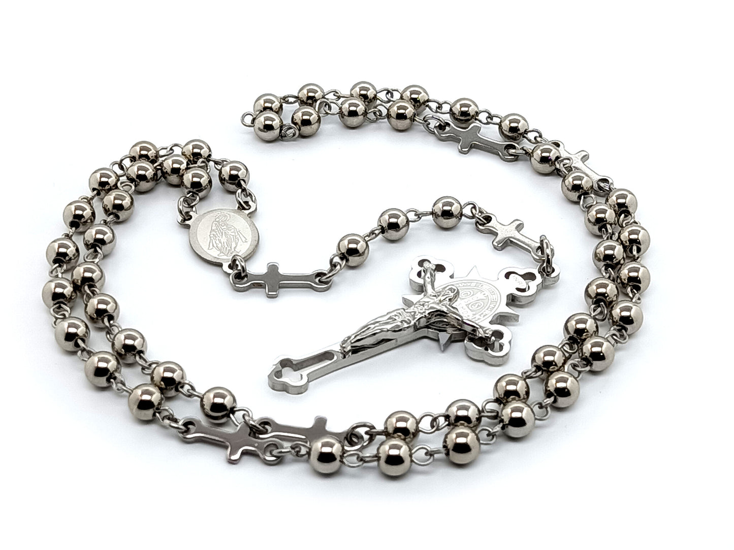Miraculous medal and Saint Benedict unique rosary beads with stainless steel  beads and stainless steel linking cross medals.