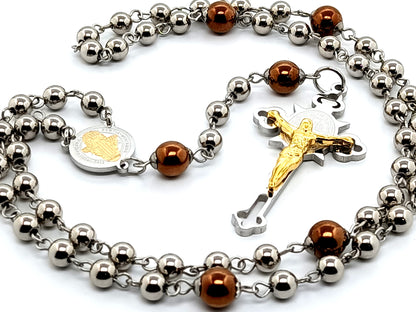 Saint Benedict unique rosary beads with stainless steel and electroplated copper hematite gemstone  beads and gold plated stainless steel laser cut crucifix.