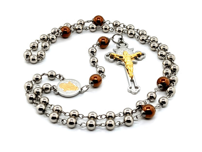 Saint Benedict unique rosary beads with stainless steel and electroplated copper hematite gemstone  beads and gold plated stainless steel laser cut crucifix.