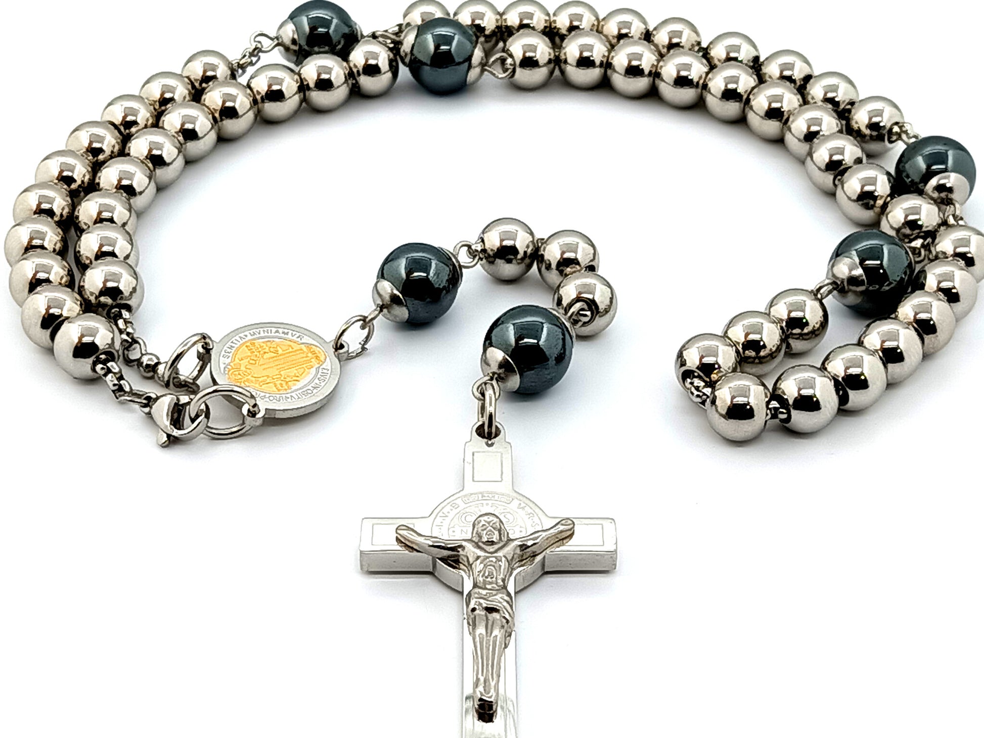 Saint Benedict unique rosary beads with and stainless steel and hematite gemstone beads and stainless steel Saint Benedict crucifix.