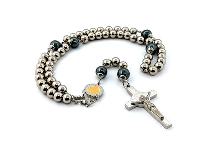 Saint Benedict unique rosary beads with and stainless steel and hematite gemstone beads and stainless steel Saint Benedict crucifix.