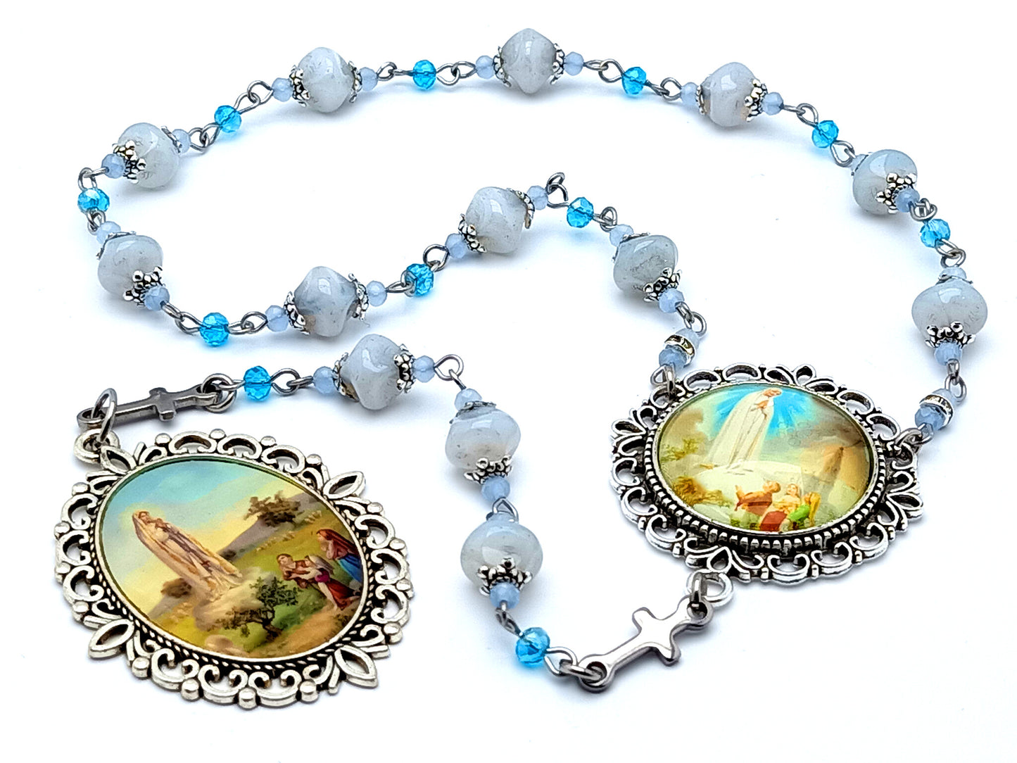 Our Lady of Fatima unique rosary beads glass single decade rosary with domed center medal and children of Fatima picture medal.