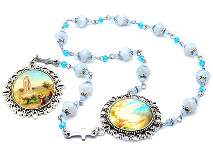 Our Lady of Fatima unique rosary beads glass single decade rosary with domed center medal and children of Fatima picture medal.