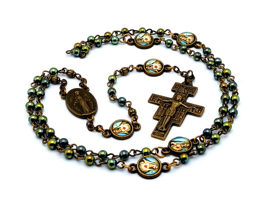 Vintage style miniature Miraculous medal unique rosary beads with hematite gemstone beads and Immaculate Heart medals and Saint Francis of Assisi crucifix.