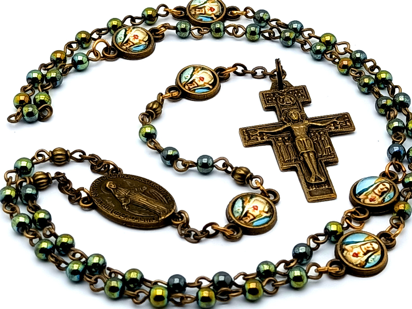 Vintage style miniature Miraculous medal unique rosary beads with hematite gemstone beads and Immaculate Heart medals and Saint Francis of Assisi crucifix.