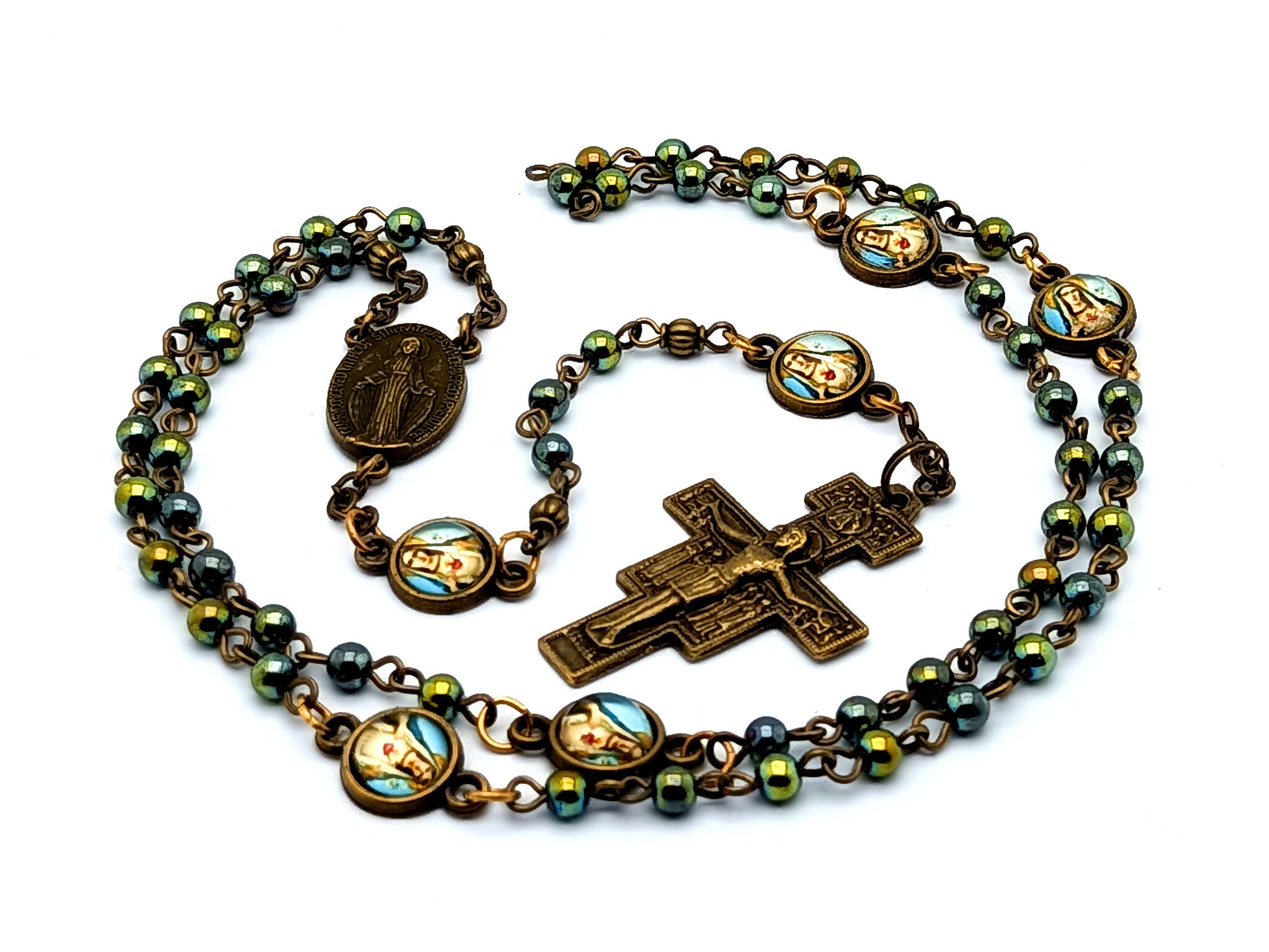 Vintage style miniature Miraculous medal unique rosary beads with hematite gemstone beads and Immaculate Heart medals and Saint Francis of Assisi crucifix.