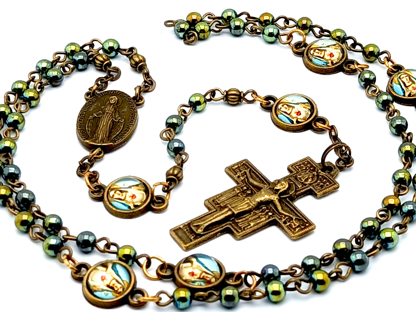 Vintage style miniature Miraculous medal unique rosary beads with hematite gemstone beads and Immaculate Heart medals and Saint Francis of Assisi crucifix.