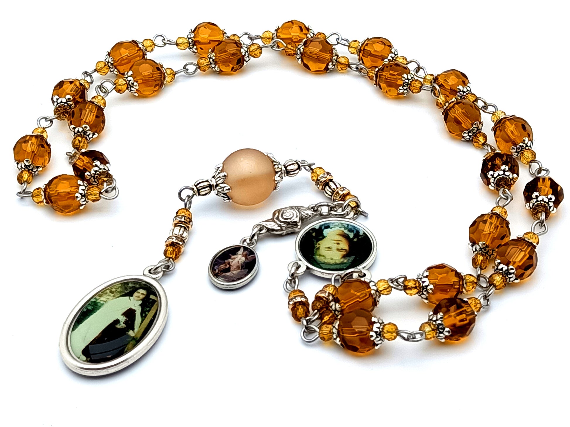 Saint Therese of Lisieux unique rosary beads glass prayer chaplet with Guardian Angel picture medal and Saint Therese the little flower picture medal.
