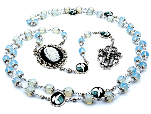Our Lady of Guadalupe cameo unique rosary beads with opal gemstone beads and Holy Spirit domed picture medals and Holy Angel crucifix.