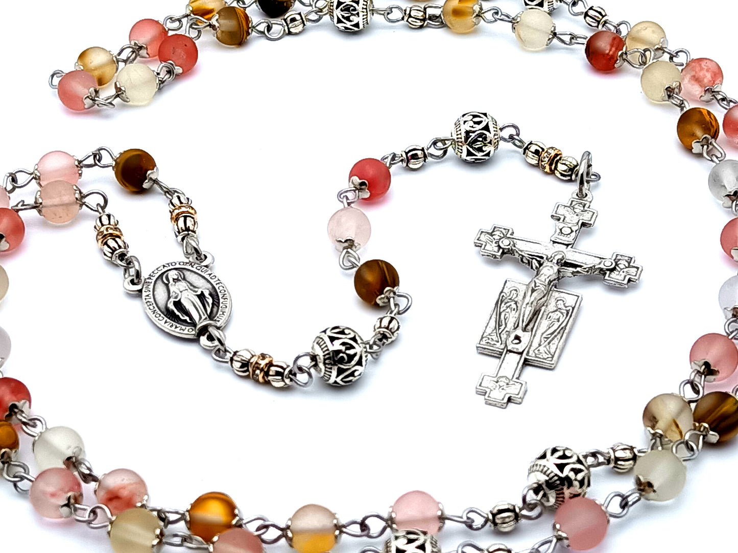 Miraculous medal unique rosary beads with agate gemstone and and Tibetan silver Our Father beads and Holy Angel crucifix.