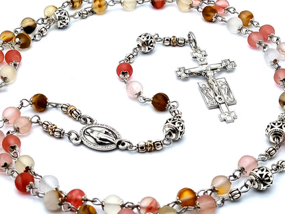 Miraculous medal unique rosary beads with agate gemstone and and Tibetan silver Our Father beads and Holy Angel crucifix.