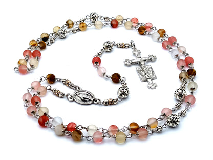 Miraculous medal unique rosary beads with agate gemstone and and Tibetan silver Our Father beads and Holy Angel crucifix.