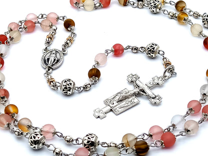 Miraculous medal unique rosary beads with agate gemstone and and Tibetan silver Our Father beads and Holy Angel crucifix.
