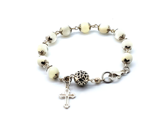 Mother of pearl unique rosary beads single decade rosary bracelet with gemstone and sterling silver beads and sterling silver cross.