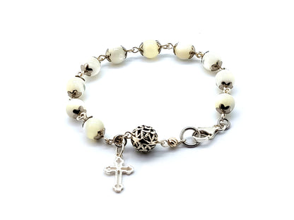 Mother of pearl unique rosary beads single decade rosary bracelet with gemstone and sterling silver beads and sterling silver cross.