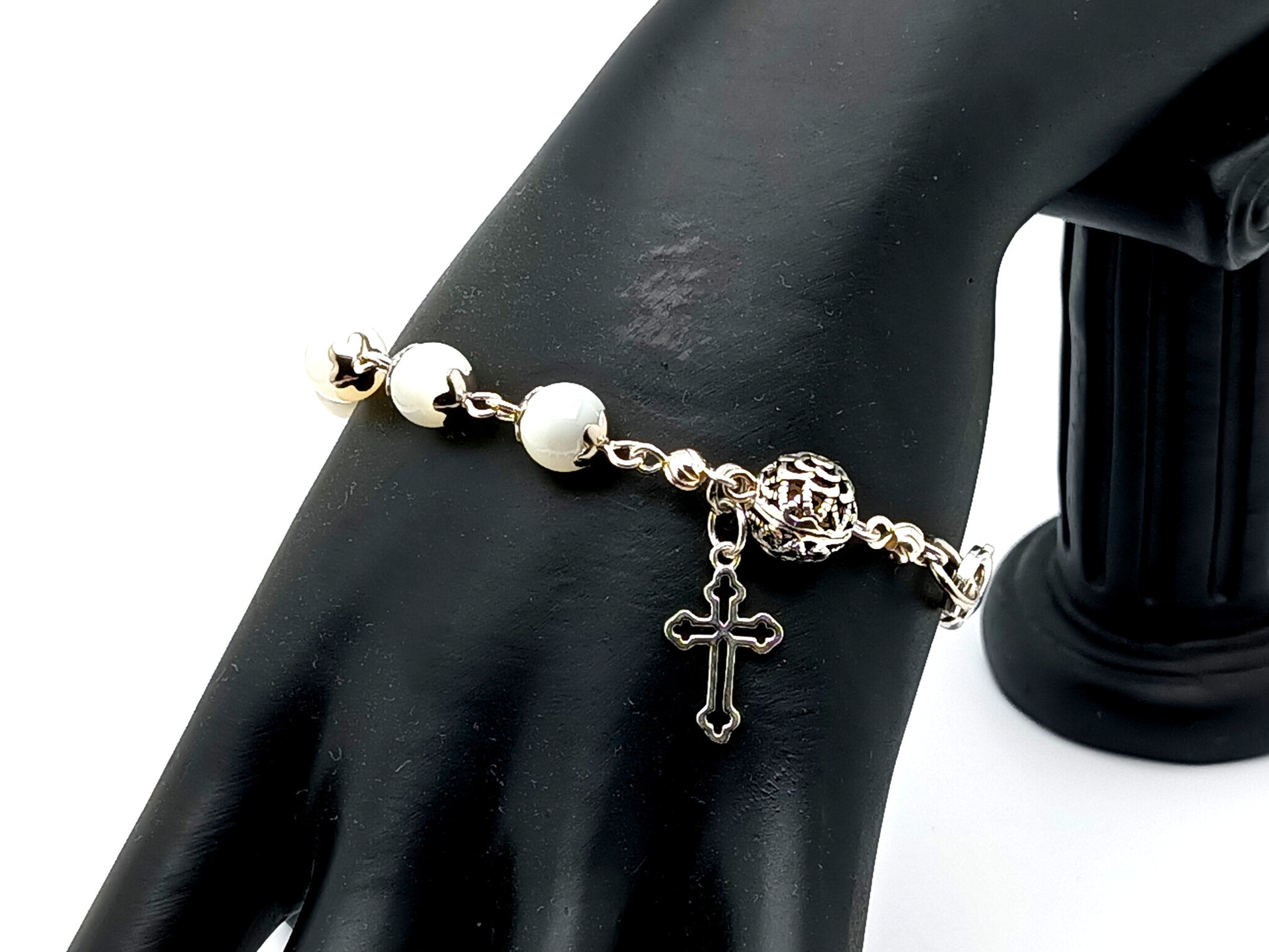 Mother of pearl unique rosary beads single decade rosary bracelet with gemstone and sterling silver beads and sterling silver cross.