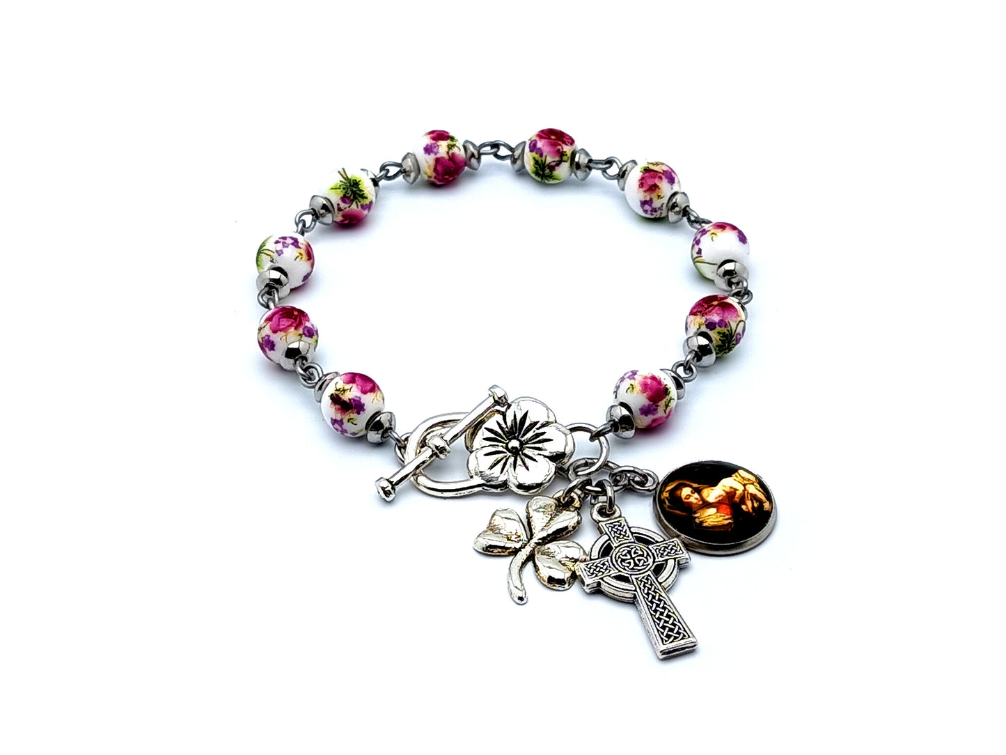 Our Lady of Divine Providence unique rosary beads single decade rosary bracelet with porcelain beads and Celtic cross and Holy Trinity clover leaf medal.