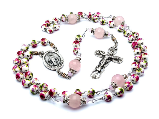 Miraculous medal unique rosary beads with floral porcelain and rose quartz gemstone beads and lily crucifix.
