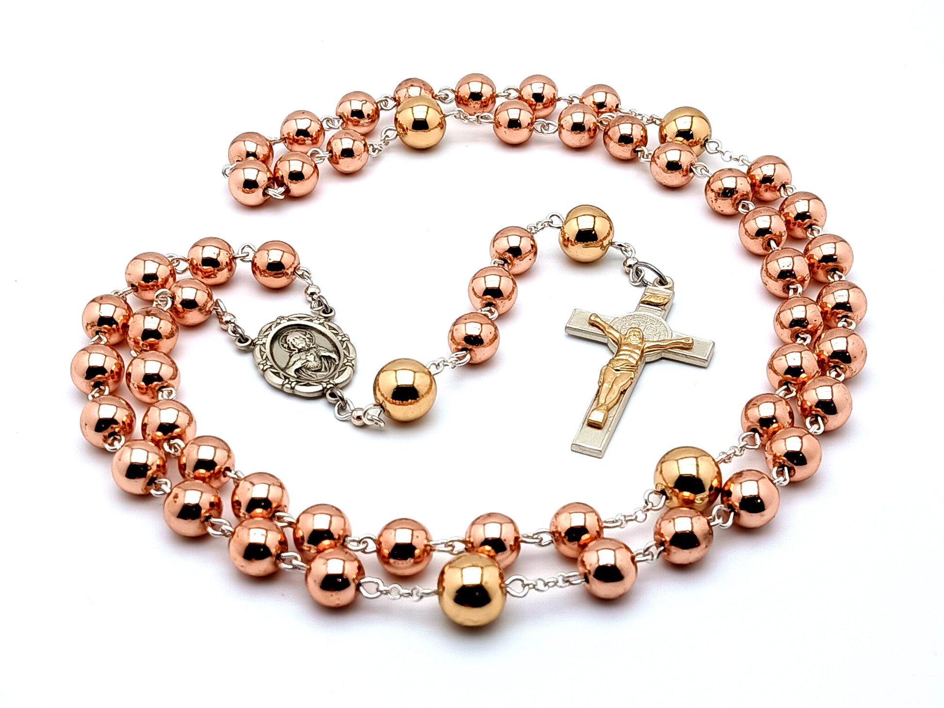 Sacred Heart 925 sterling silver unique rosary beads with rose gold hematite and gold beads and sterling silver Saint Benedict crucifix.