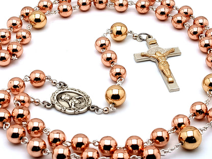 Sacred Heart 925 sterling silver unique rosary beads with rose gold hematite and gold beads and sterling silver Saint Benedict crucifix.