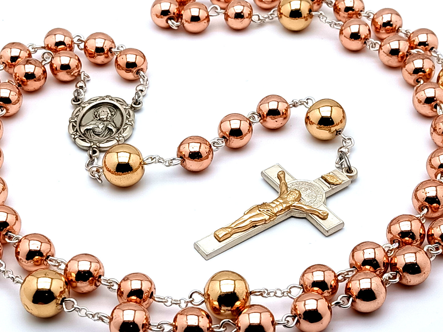 Sacred Heart 925 sterling silver unique rosary beads with rose gold hematite and gold beads and sterling silver Saint Benedict crucifix.