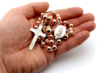 Sacred Heart 925 sterling silver unique rosary beads with rose gold hematite and gold beads and sterling silver Saint Benedict crucifix.