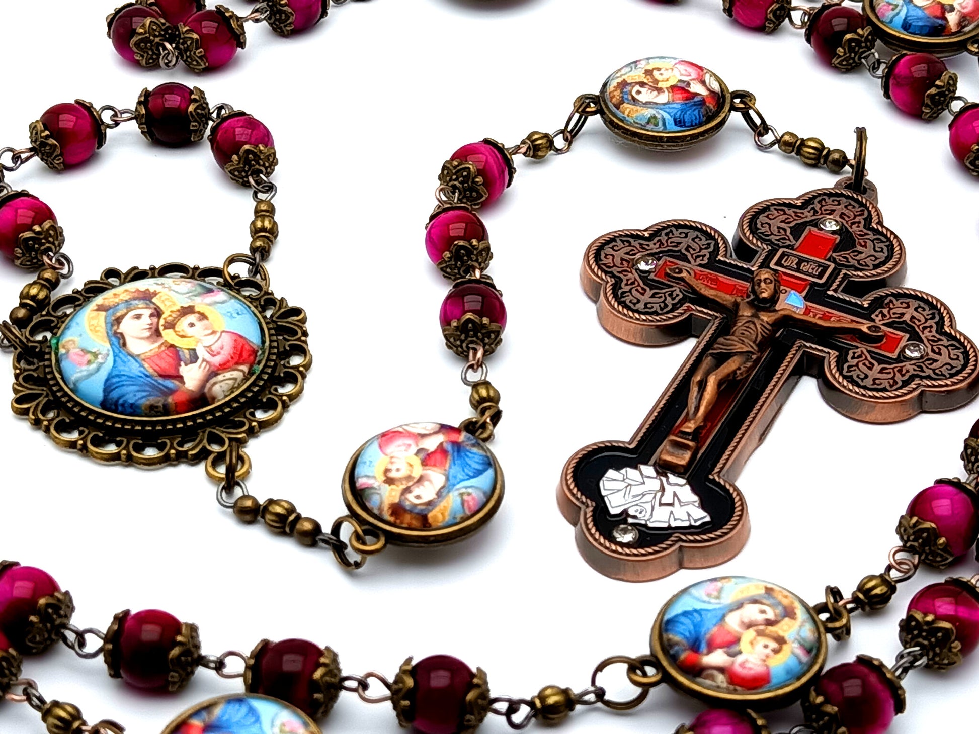 Vintage style Our Lady of Perpetual Help unique rosary beads with tigers eye gemstone beads and large ornate enamel crucifix.
