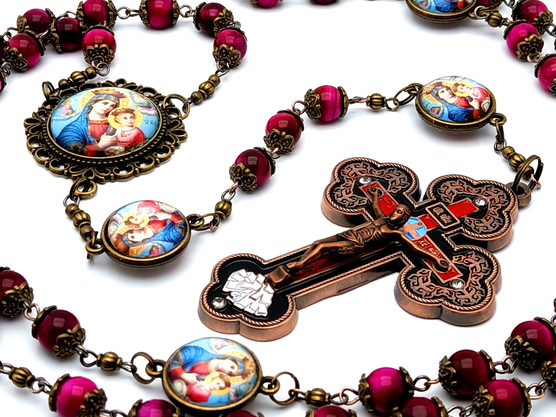 Vintage style Our Lady of Perpetual Help unique rosary beads with tigers eye gemstone beads and large ornate enamel crucifix.