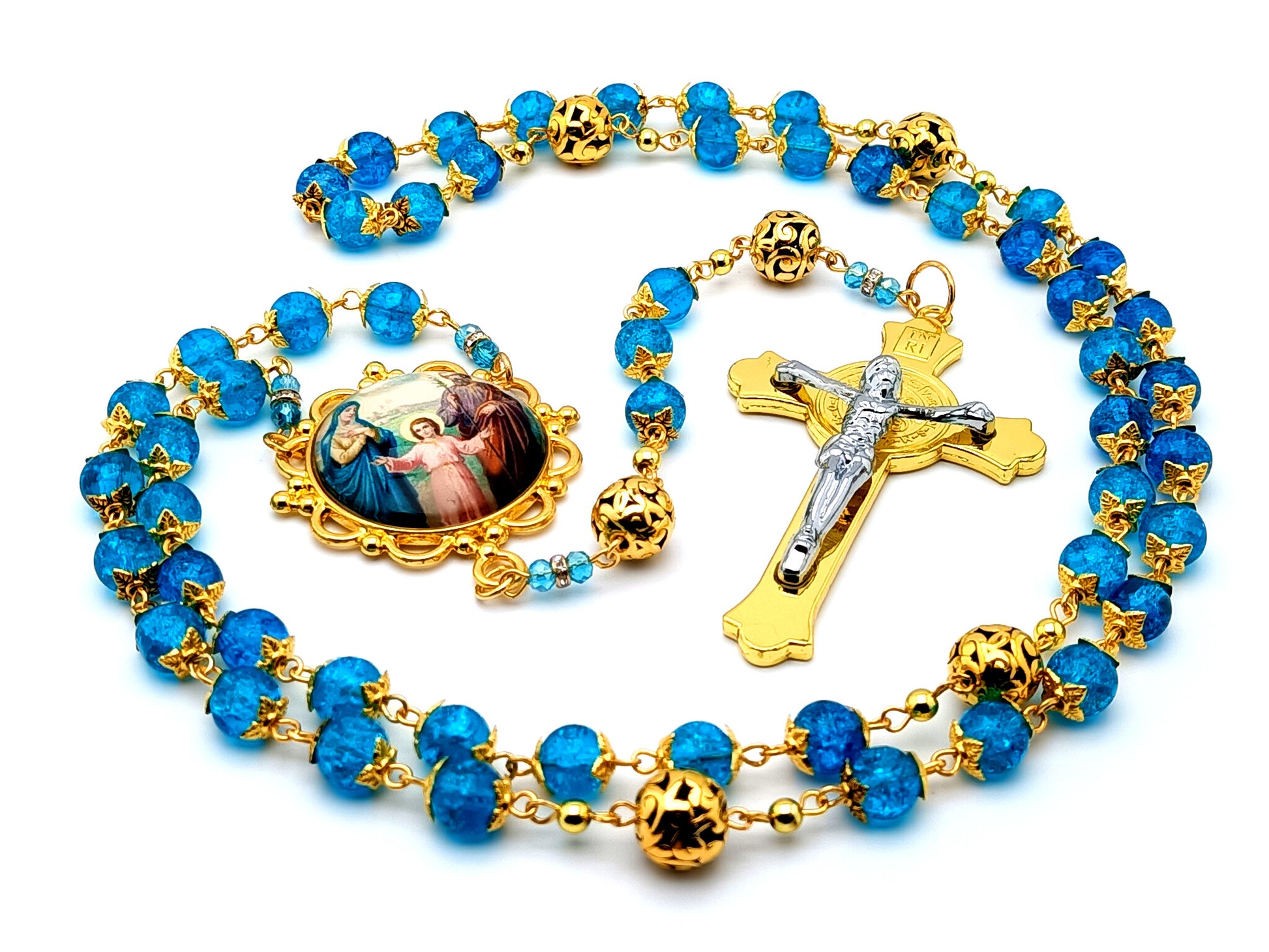 Holy Family unique rosary beads with blue glass and gold beads and large gold plated Saint Benedict crucifix.