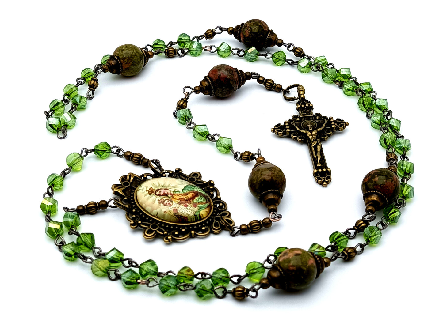 Vintage style Our Lady of Mount Carmel unique rosary beads with glass and jasper gemstone beads and brass crucifix.