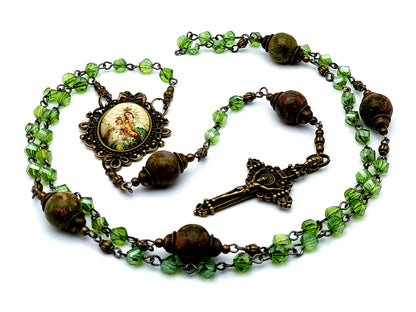Vintage style Our Lady of Mount Carmel unique rosary beads with glass and jasper gemstone beads and brass crucifix.