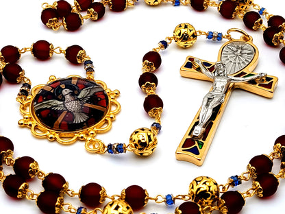 Holy Spirit unique rosary beads with red glass and gold plated Tibetan silver beads and large gold mosaic Holy Ghost crucifix.