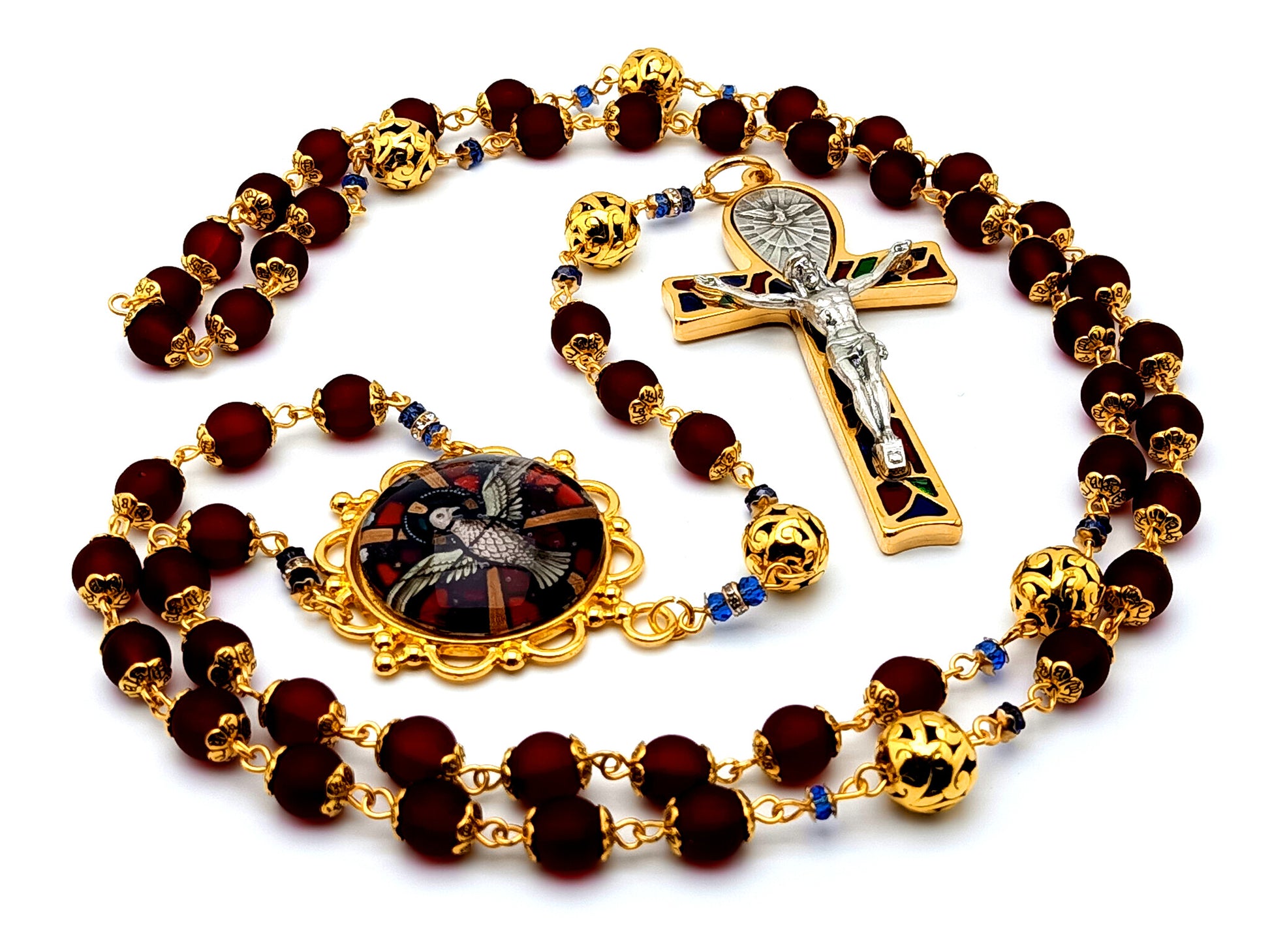 Holy Spirit unique rosary beads with red glass and gold plated Tibetan silver beads and large gold mosaic Holy Ghost crucifix.