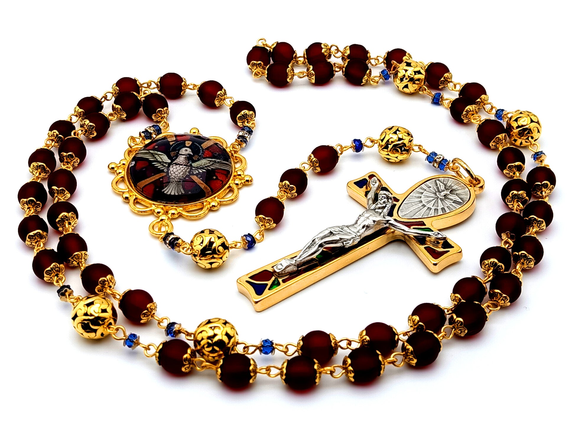 Holy Spirit unique rosary beads with red glass and gold plated Tibetan silver beads and large gold mosaic Holy Ghost crucifix.