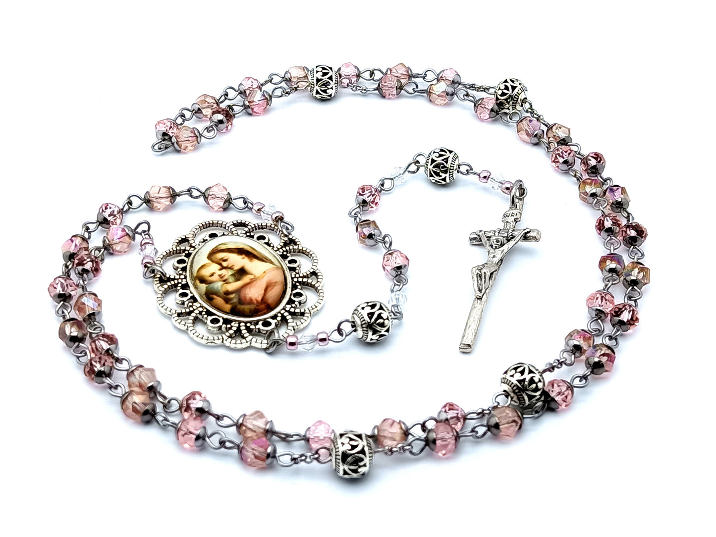 Madonna and Child unique rosary beads with rose faceted glass and Tibetan silver Our Father beads and Saint John Paul II crucifix.
