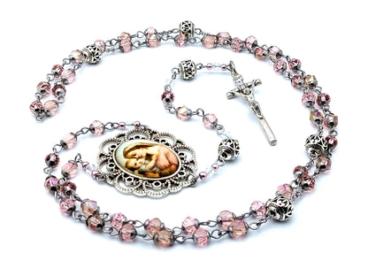Madonna and Child unique rosary beads with rose faceted glass and Tibetan silver Our Father beads and Saint John Paul II crucifix.