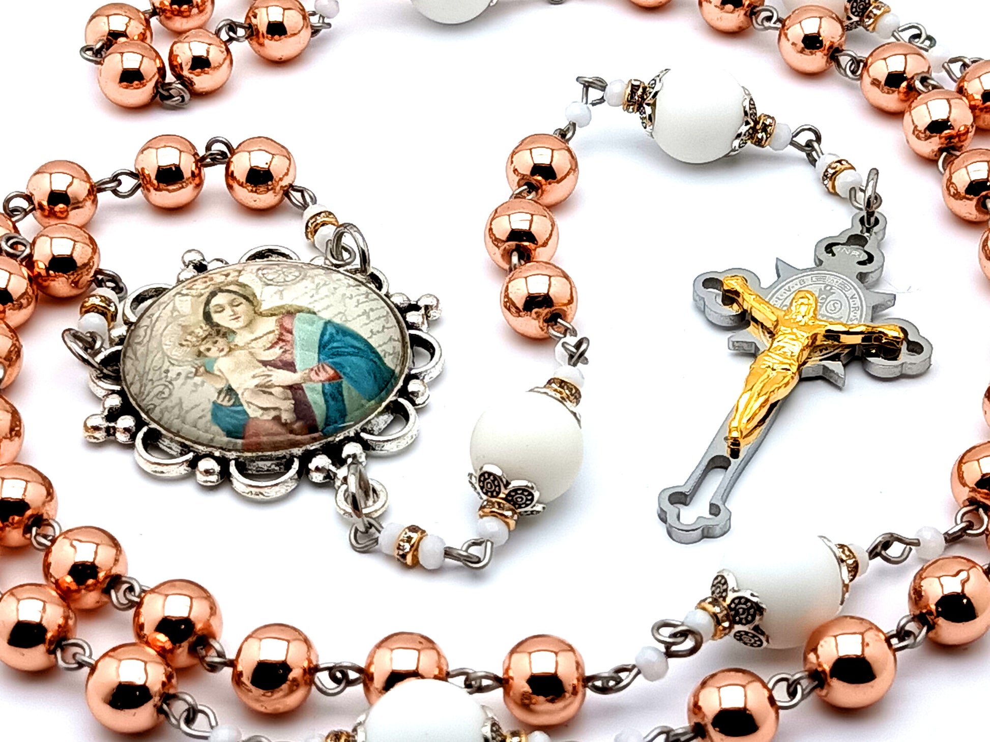 Madonna and Child Jesus unique rosary beads with rose gold hematite and alabaster gemstone beads and Saint Benedict stainless steel and gold crucifix.