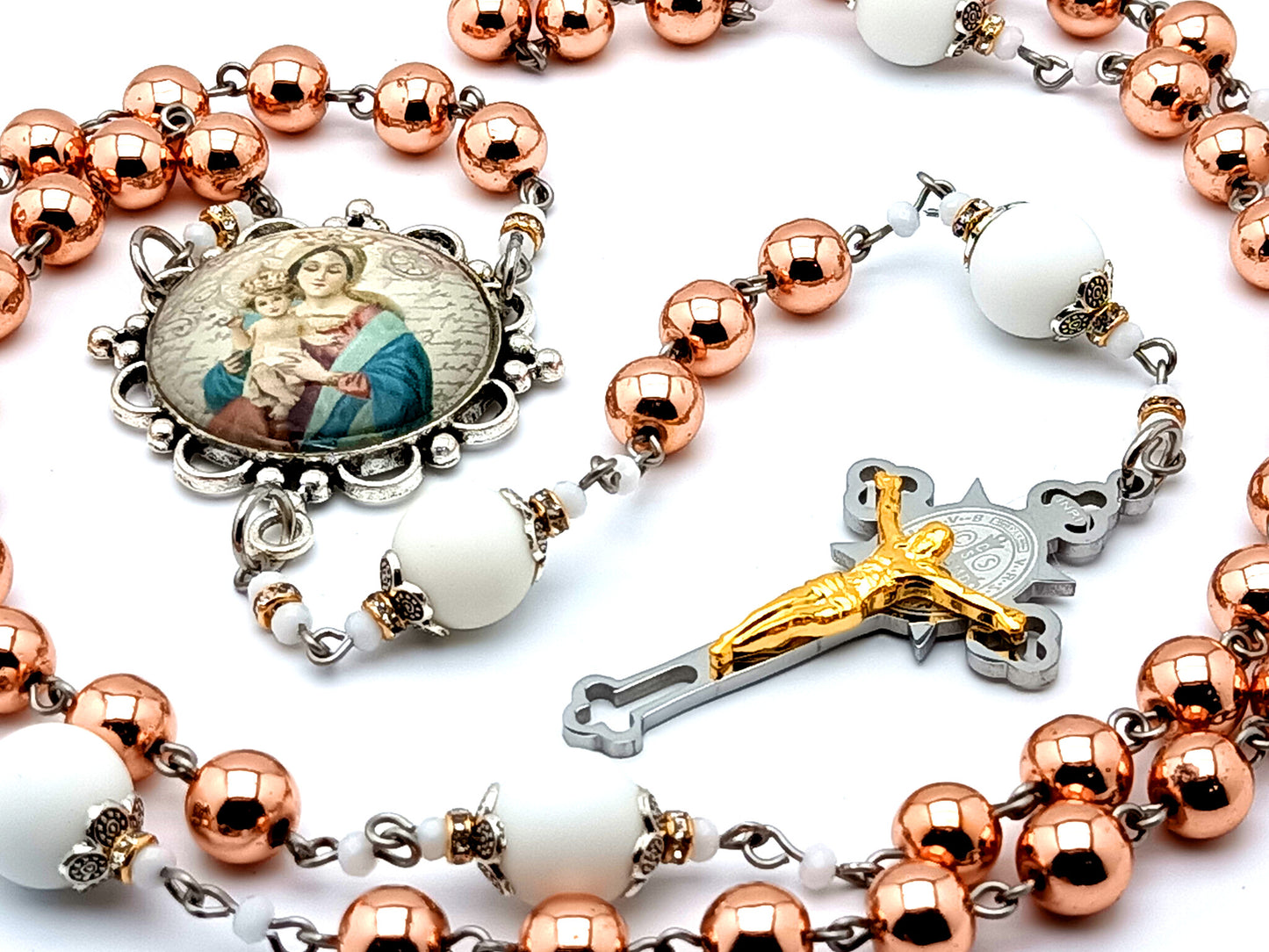 Madonna and Child Jesus unique rosary beads with rose gold hematite and alabaster gemstone beads and Saint Benedict stainless steel and gold crucifix.