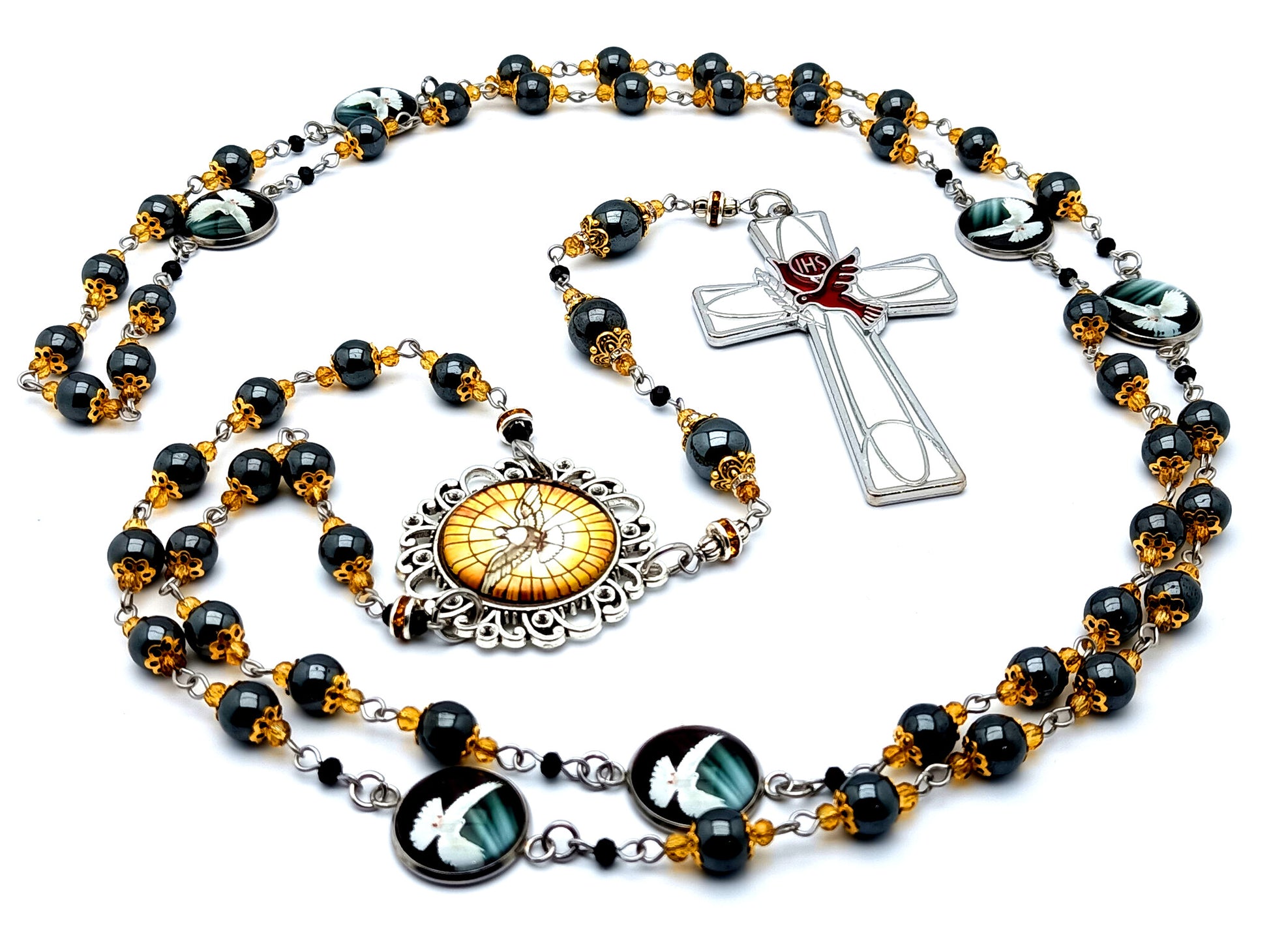 Holy Spirit unique rosary beads prayer chaplet with hematite gemstone beads and Holy Ghost enamel cross and domed linking picture medals.