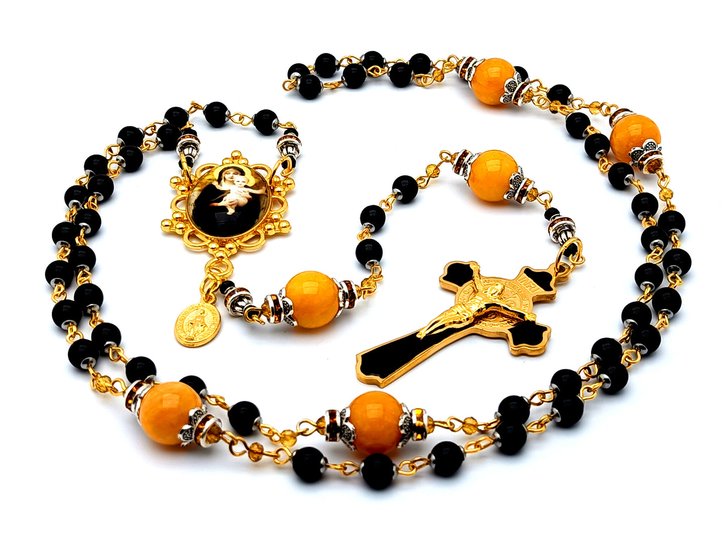 Madonna and Child Jesus unique rosary beads with onyx and jade gemstone beads and Saint Benedict gold plated black enamel stainless steel crucifix.