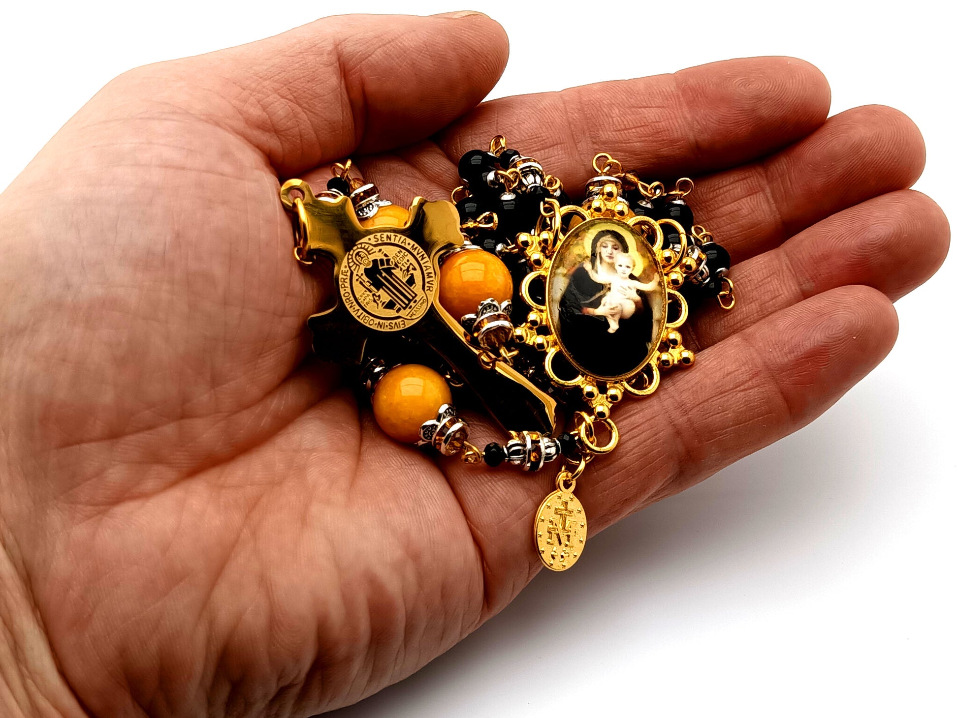 Madonna and Child Jesus unique rosary beads with onyx and jade gemstone beads and Saint Benedict gold plated black enamel stainless steel crucifix.