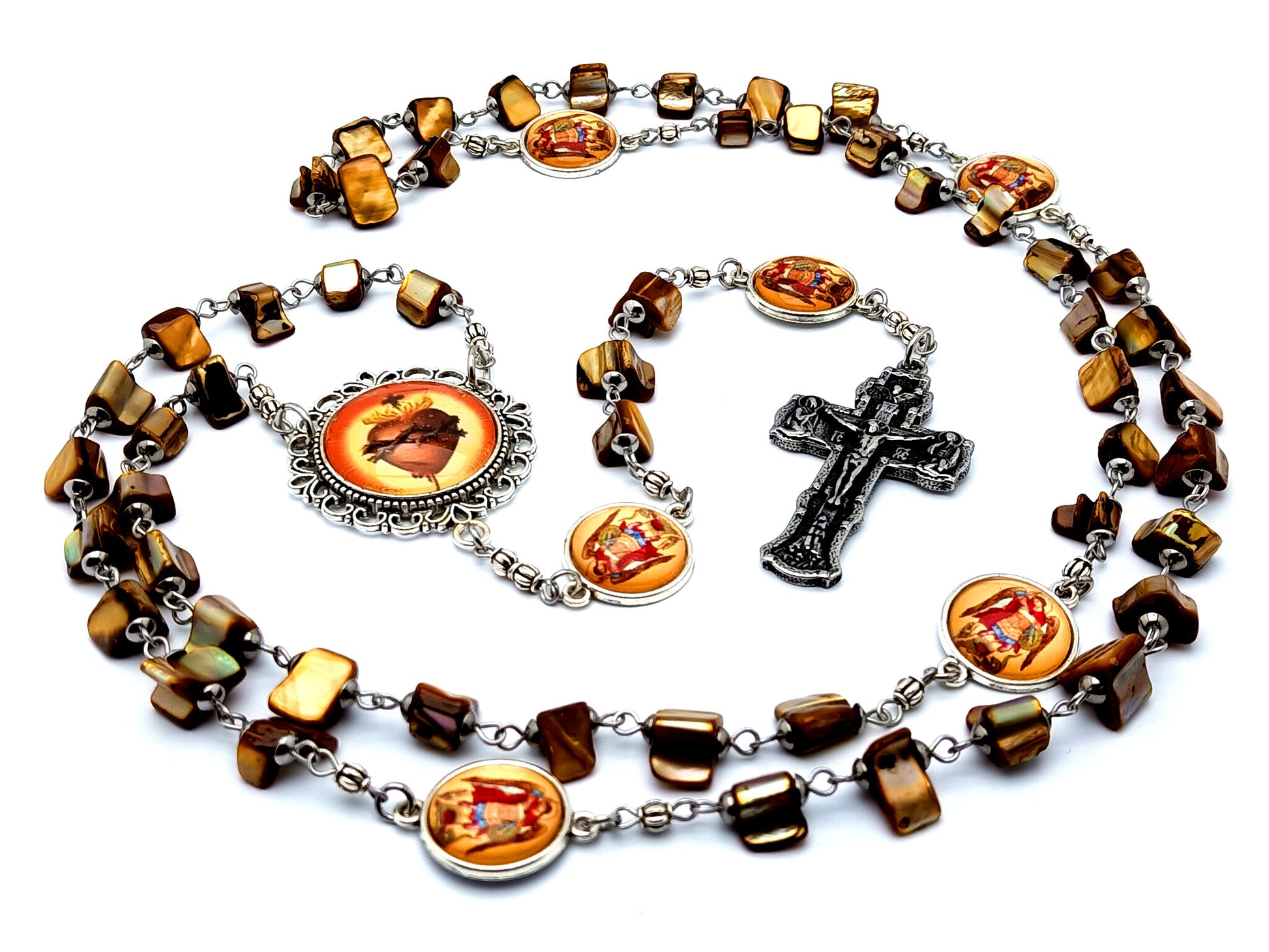 Sacred Heart of Jesus and Saint Michael unique rosary beads with shell beads and Orthodox style stainless steel crucifix.