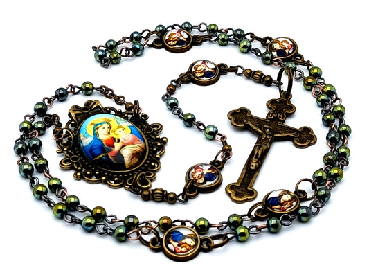 Our Lady of Perpetual Help miniature unique rosary beads with hematite gemstone and Our Lady of Perpetual Succor linking medals and brass crucifix.