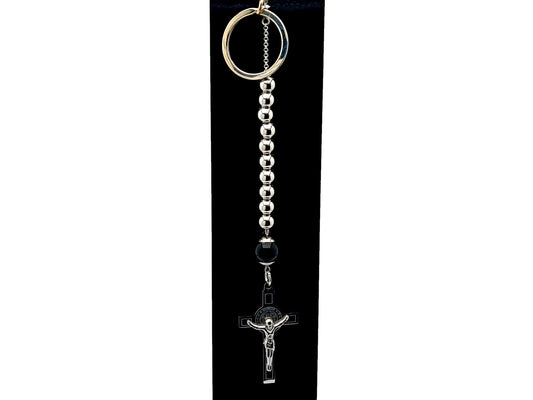 Saint Benedict unique rosary beads single decade rosary with stainless steel and large onyx gemstone beads and linking key fob loop.