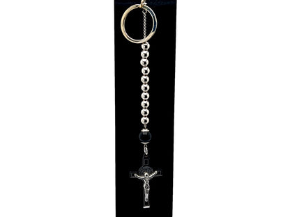 Saint Benedict unique rosary beads single decade rosary with stainless steel and large onyx gemstone beads and linking key fob loop.