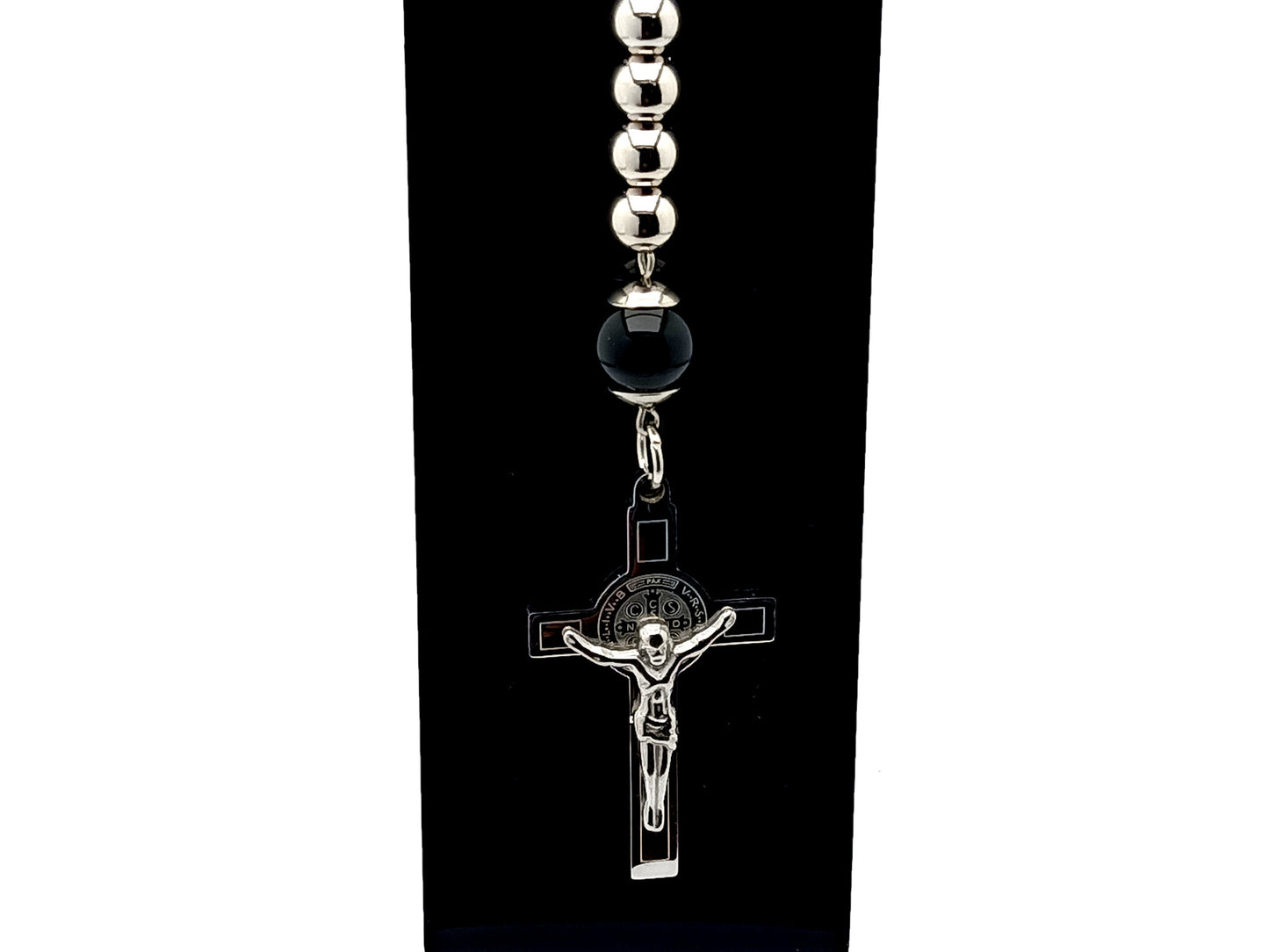 Saint Benedict unique rosary beads single decade rosary with stainless steel and large onyx gemstone beads and linking key fob loop.