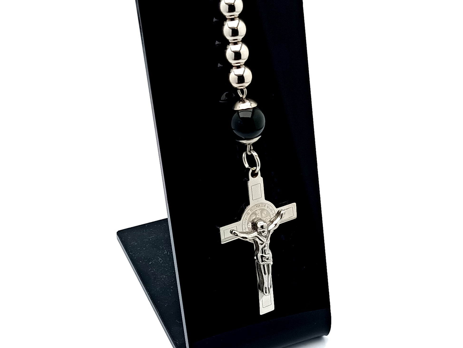 Saint Benedict unique rosary beads single decade rosary with stainless steel and large onyx gemstone beads and linking key fob loop.