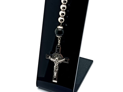 Saint Benedict unique rosary beads single decade rosary with stainless steel and large onyx gemstone beads and linking key fob loop.