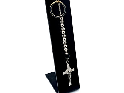 Saint Benedict unique rosary beads single decade rosary with stainless steel and large onyx gemstone beads and linking key fob loop.